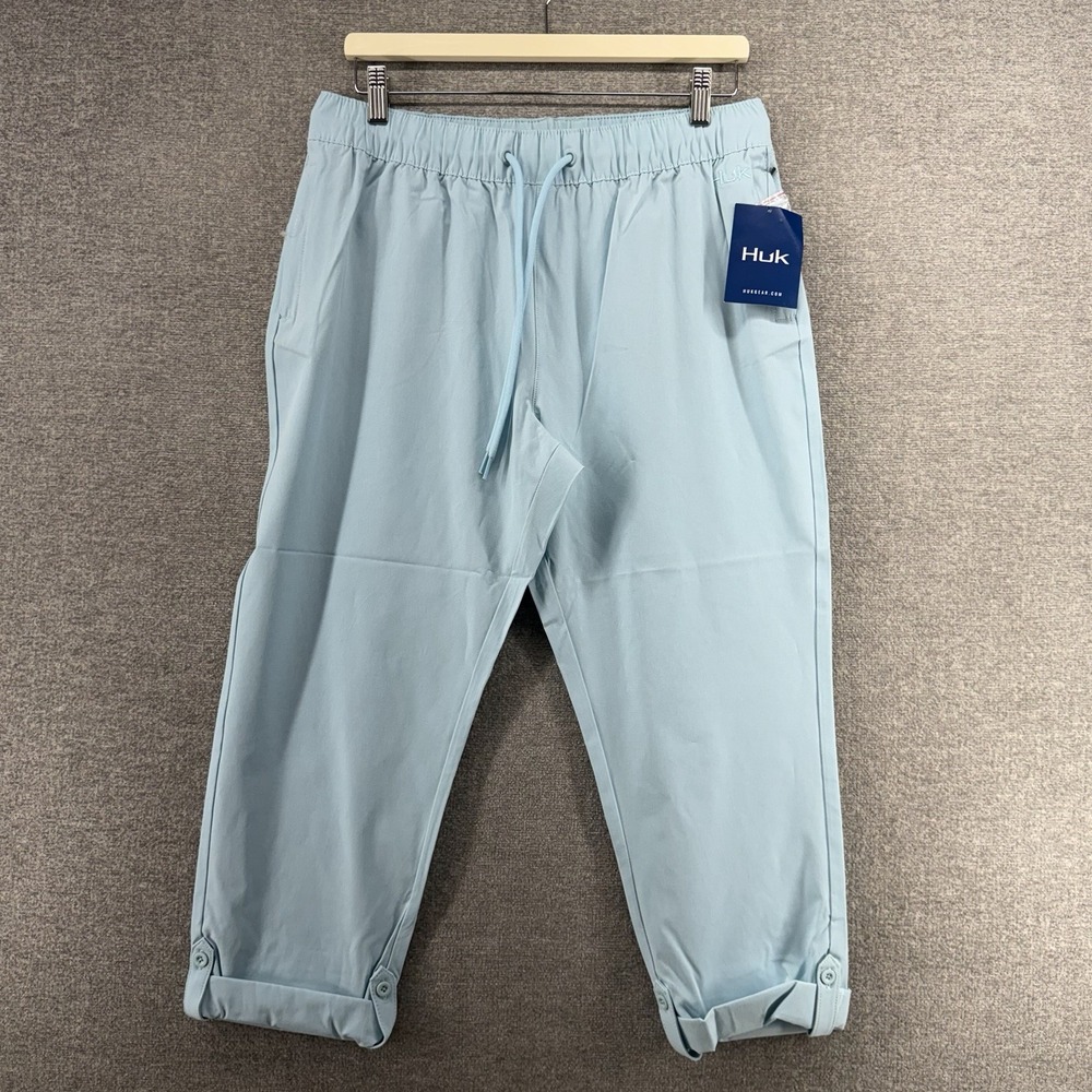 Huk Fishing Cropped Pants Women Large Light Blue Performance Stretch NEW $75